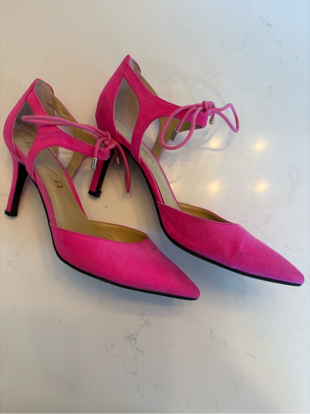 Unisa Hot Pink Fuchsia Suede Pointed Toe Lace-Up Ankle Tie Stiletto Heels Size 9